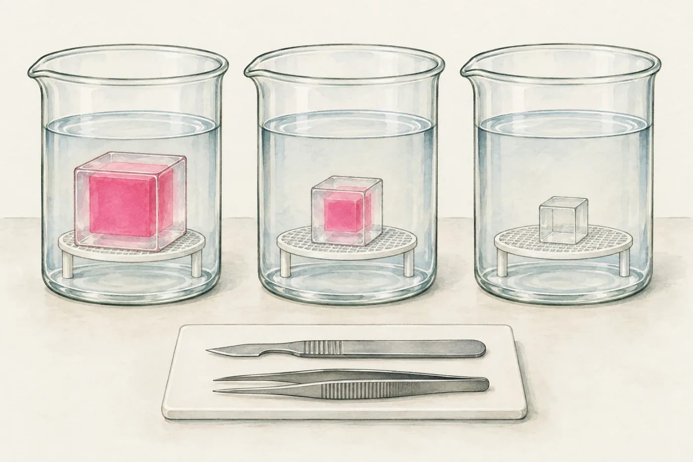 Three agar cubes on mesh platforms in beakers of acid: the large cube has a big pink core, the middle one a small core, the small one is colourless; each has a clear layer of the same thickness.
