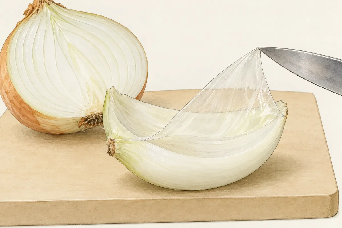 An onion scale with its thin, see-through inner skin lifted on the tip of a knife, light shining through it.