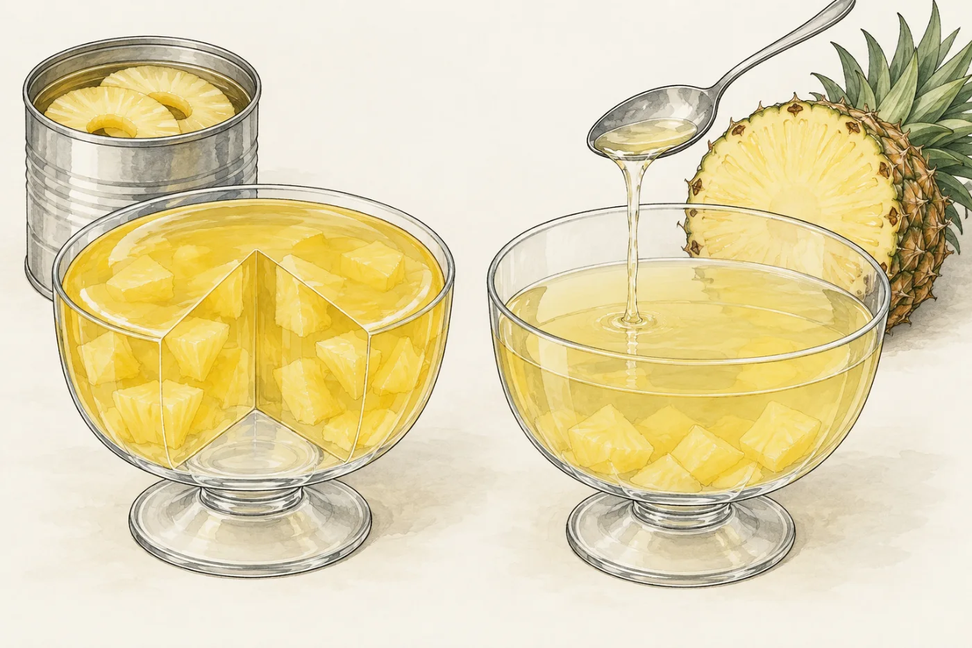 Two bowls of pineapple jelly: the one made with tinned pineapple has set firm, the one made with fresh pineapple is still runny.
