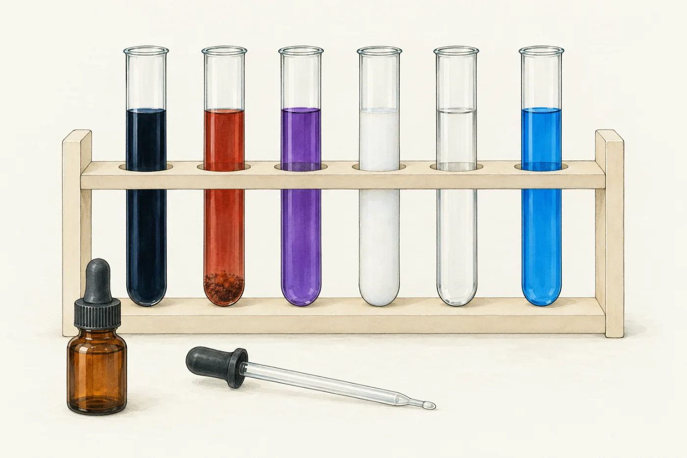 A rack of six test tubes: blue-black, brick-red with a red-brown precipitate at the bottom, purple, evenly cloudy white, colourless, and a blue one; an amber dropper bottle and a dropping pipette lie in front.