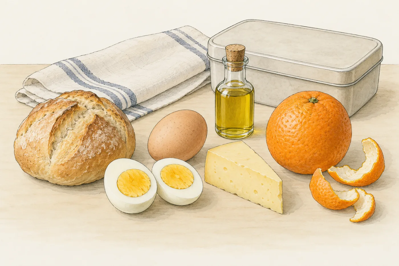A packed lunch on a table: a bread roll, a whole egg and a halved boiled egg, a wedge of cheese, an orange with peel, and a small bottle of cooking oil, beside a lunch tin and a folded cloth.