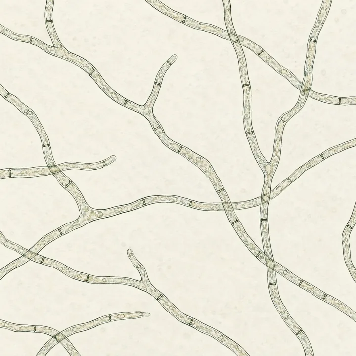 Branching thin threads with cross walls: fungal hyphae under the microscope.