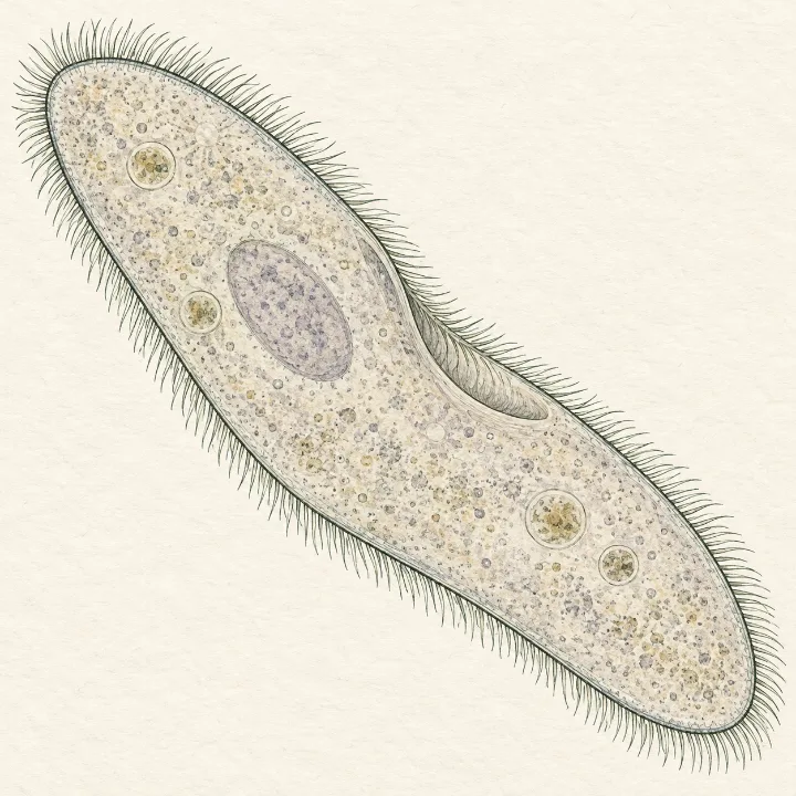 One slipper-shaped cell covered in tiny hairs, with a large nucleus and vacuoles, and no green chloroplasts: Paramecium under the microscope.