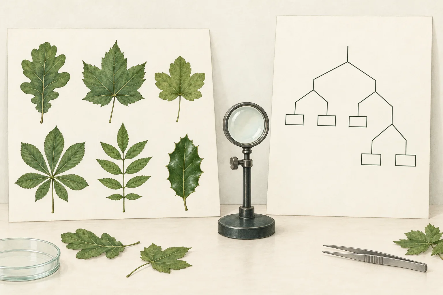Six pressed leaves on a pale card: an oak, a sycamore and a field maple leaf in the top row, a horse-chestnut, an ash and a holly leaf below. Beside them a hand lens on a stand and a second card with a branching key that splits in two at every fork.