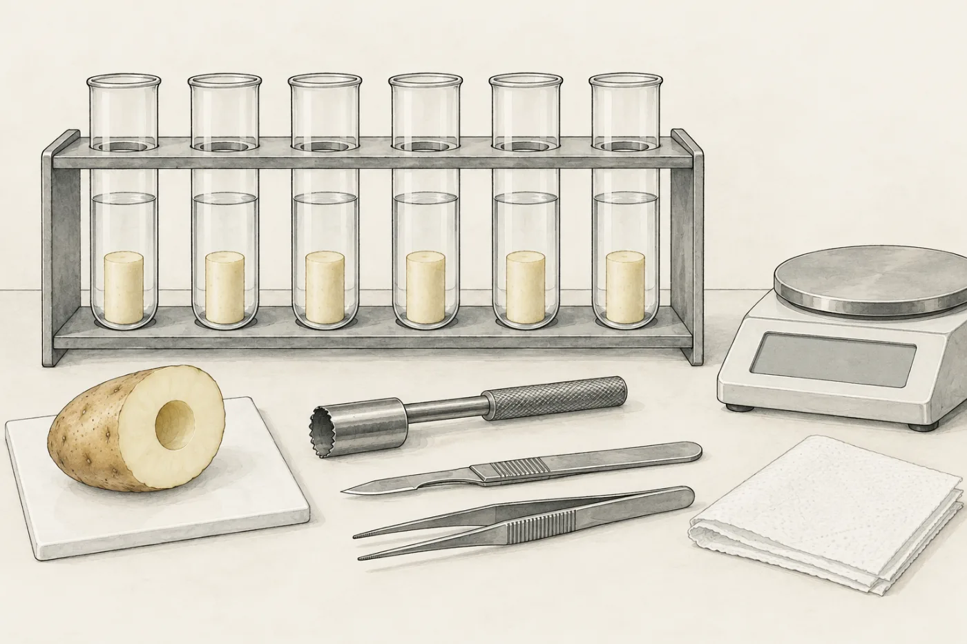 A rack of six short glass tubes of clear liquid, each with a potato cylinder standing covered at the bottom; half a potato, a cork borer, a scalpel, forceps, a paper towel and a balance in front.