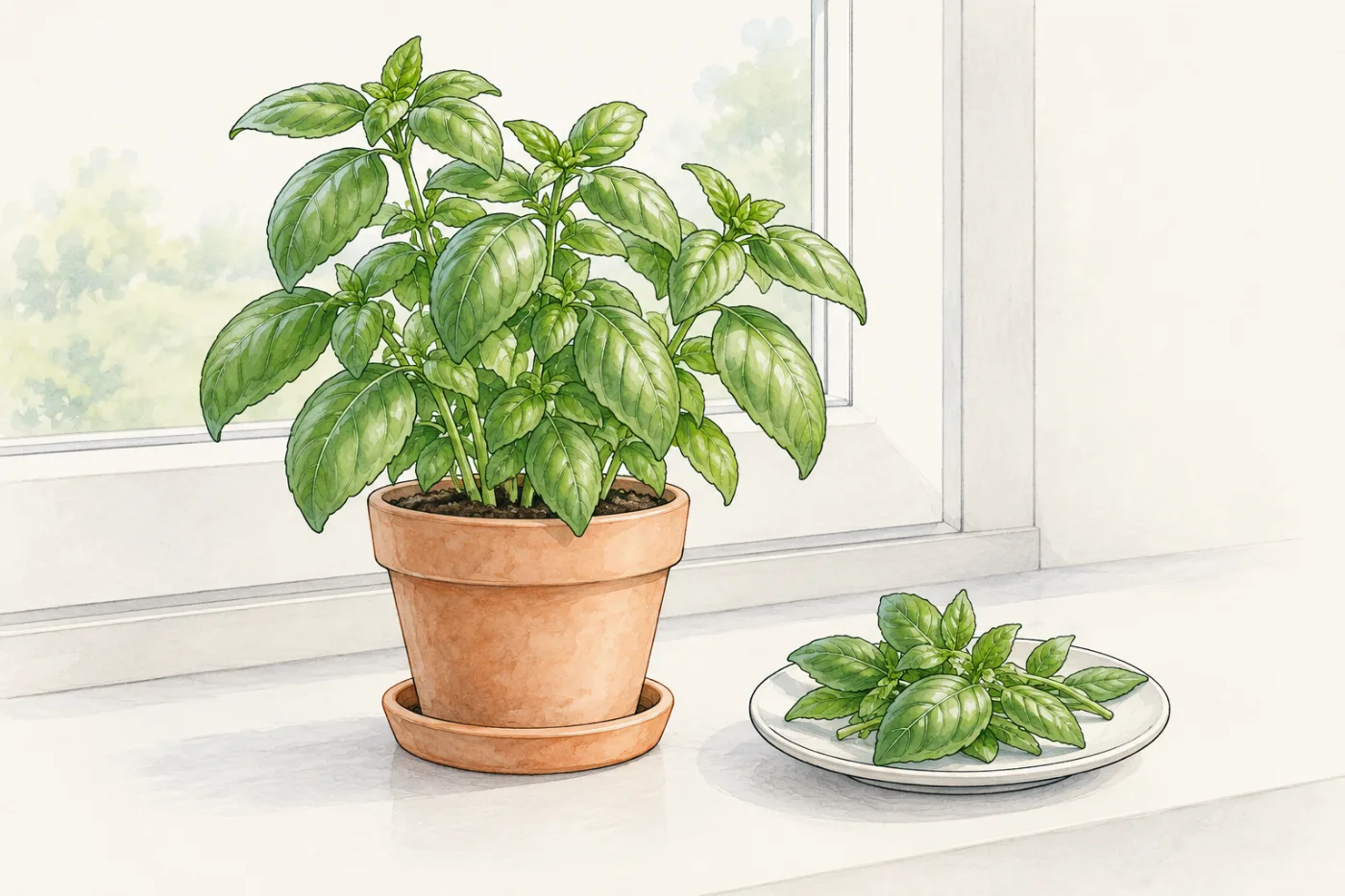 A basil plant in a terracotta pot on a sunny kitchen windowsill, with a few cut sprigs on a saucer beside it.