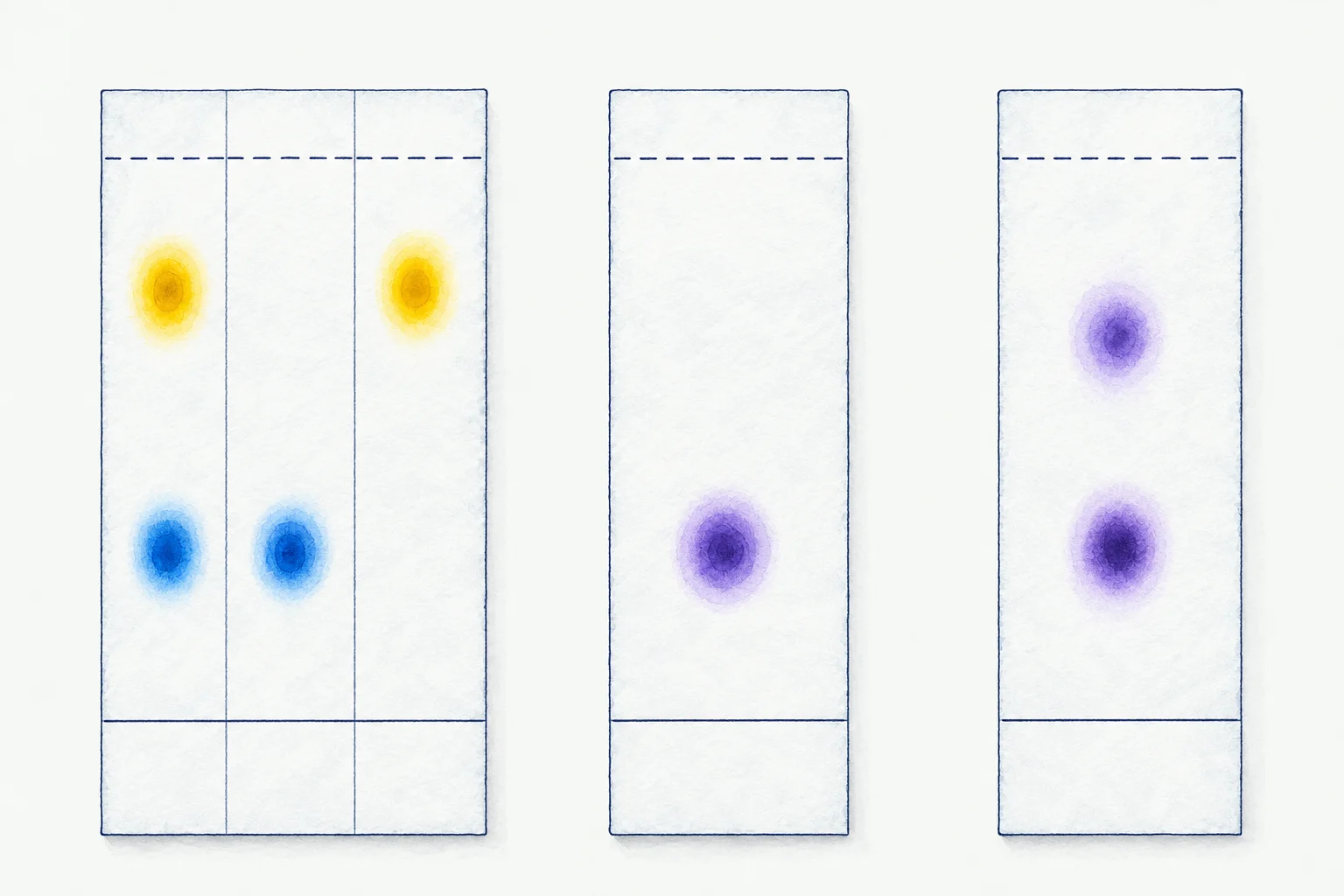 Unknown U separates into two spots beside known dyes A and B.