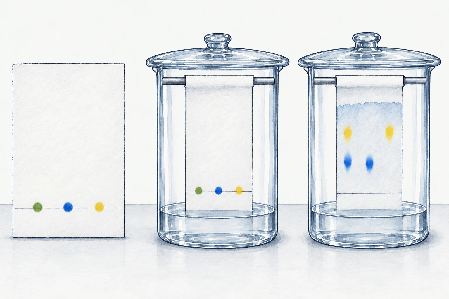 Small sample spots remain above solvent as the covered paper chromatogram develops.