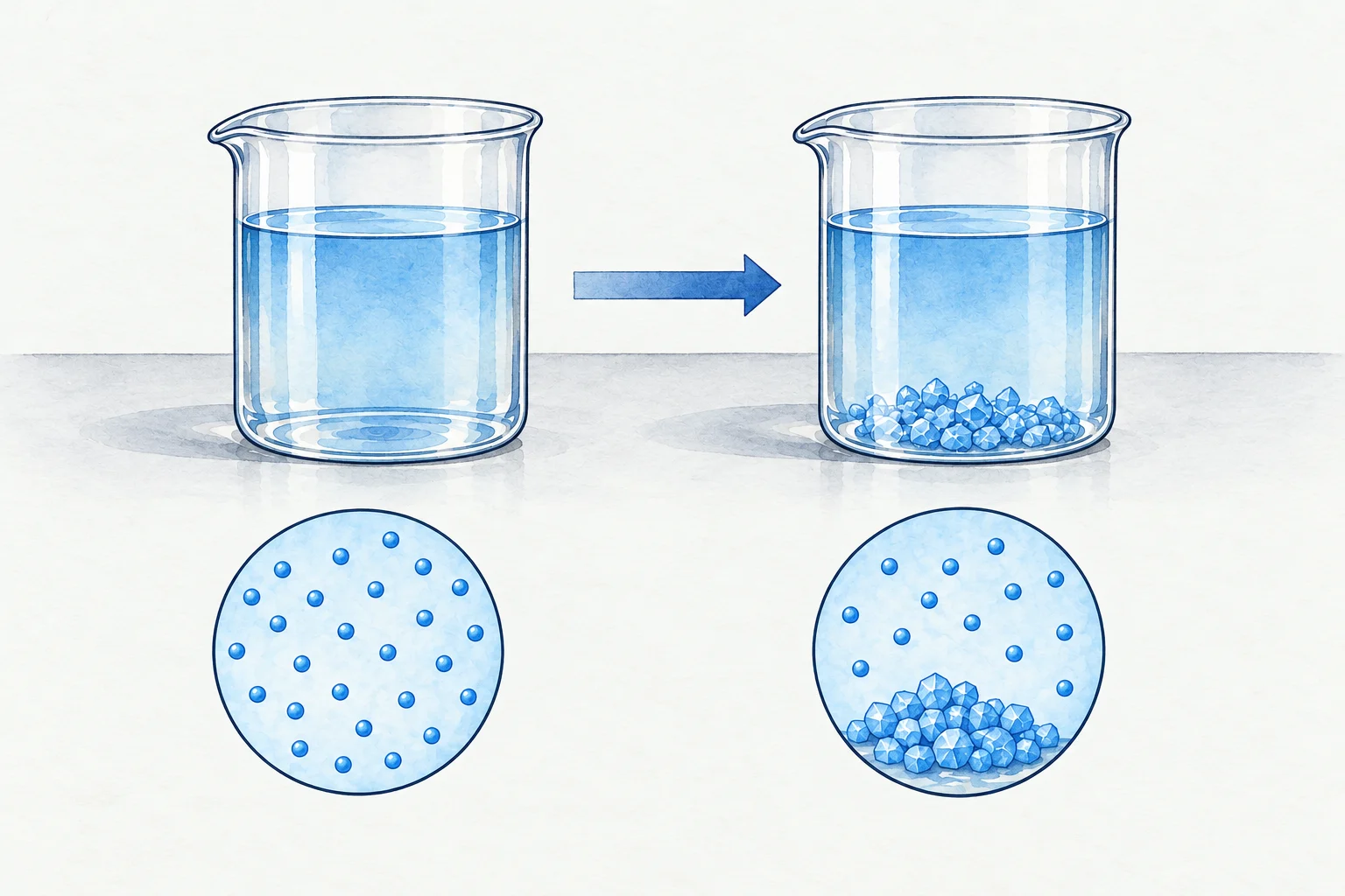 A warm clear solution cools to form crystals with liquid still present.