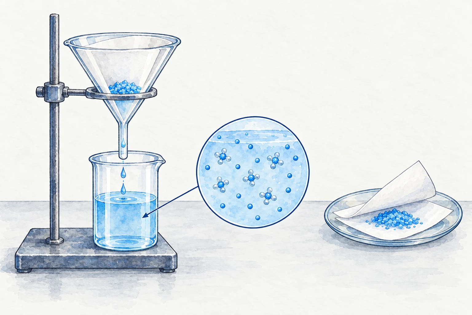 Crystals remain on filter paper while solution passes into a receiver.