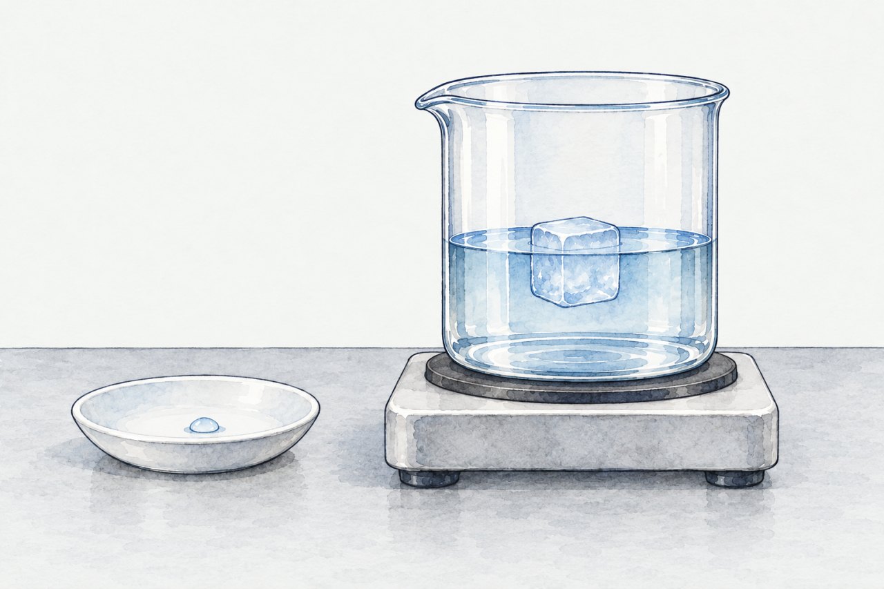An ice cube floats in water in a beaker on a hotplate; the dish where it started stands beside it.