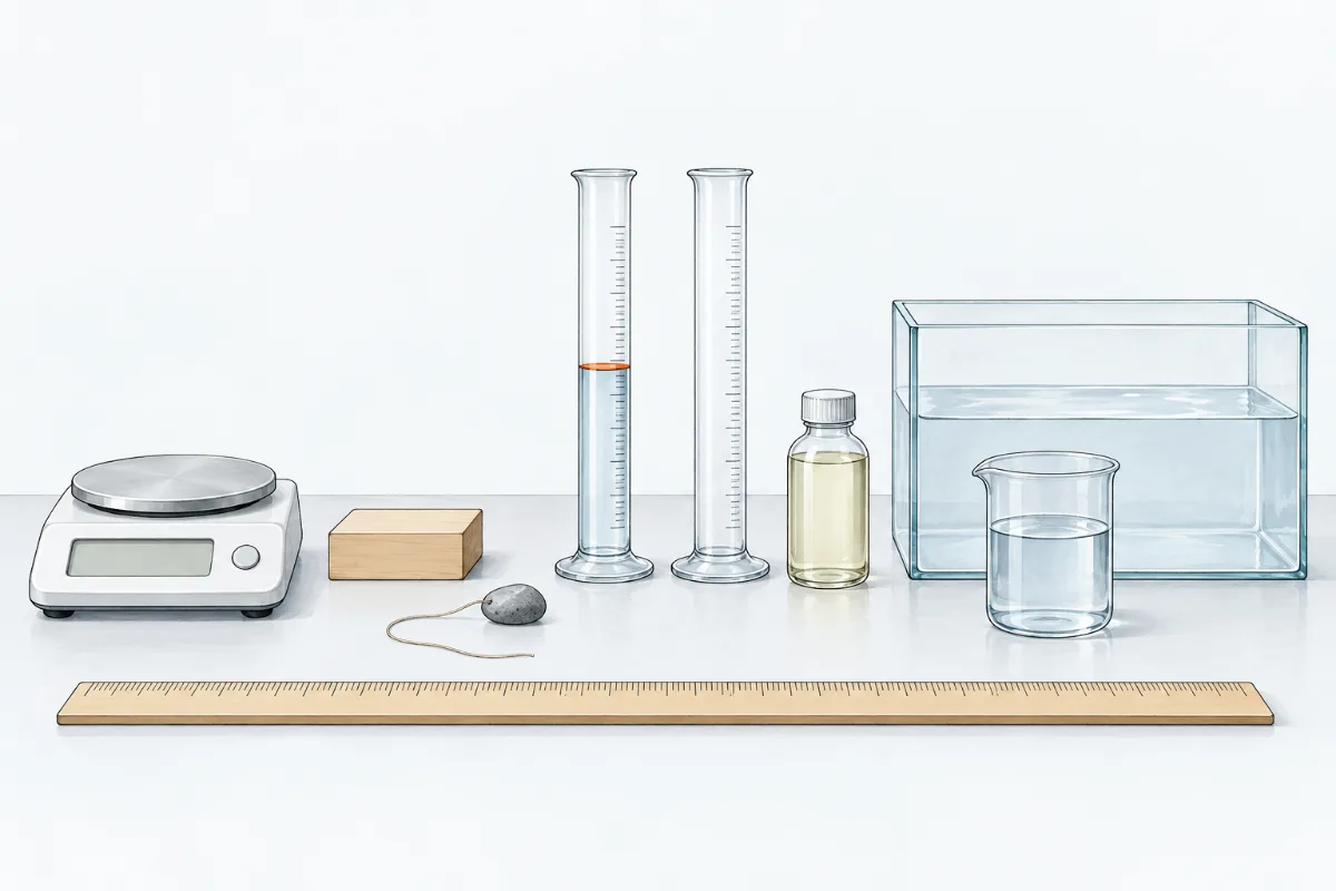 A balance, a wooden block, a small stone on a thread, two measuring cylinders, a bottle of oil, a beaker and a tank of water on a bench, with a half-metre rule in front.