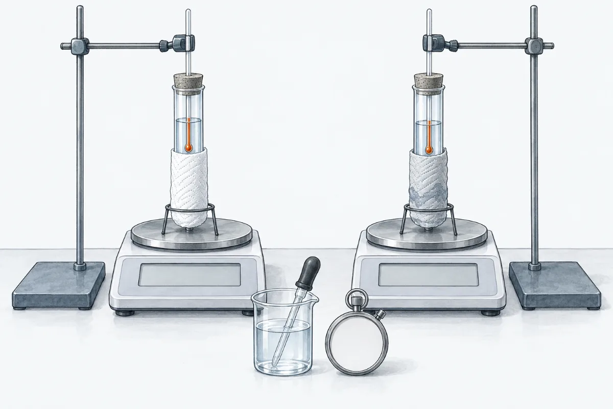 Two boiling tubes of water on two balances, each closed by a cork with a thermometer through it. The lower half of each tube is wrapped in a paper towel: the left towel is dry, the right one wet. A dropper stands in a small beaker of water in front.