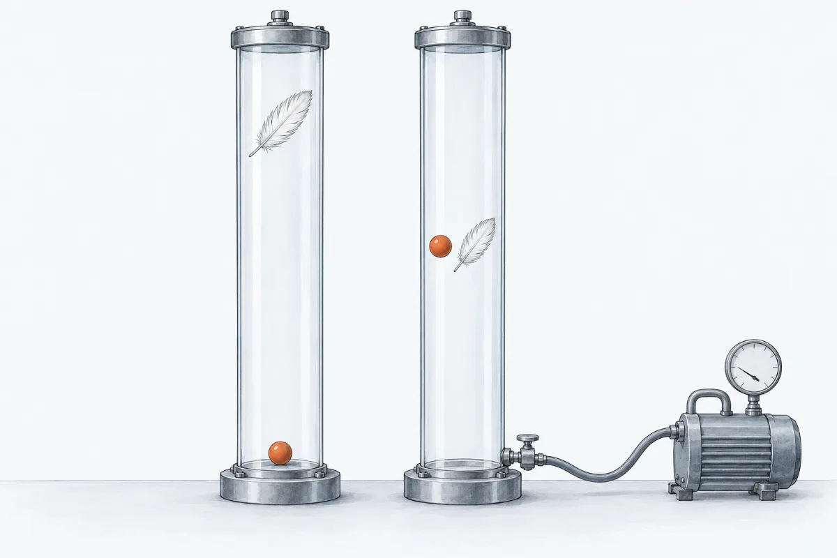 Two tall glass tubes side by side, each lit by a strobe lamp. In the tube full of air, faint images of a steel ball get further and further apart while a feather lags high above. In the tube with no air, the ball and the feather fall side by side, their images level at every flash.