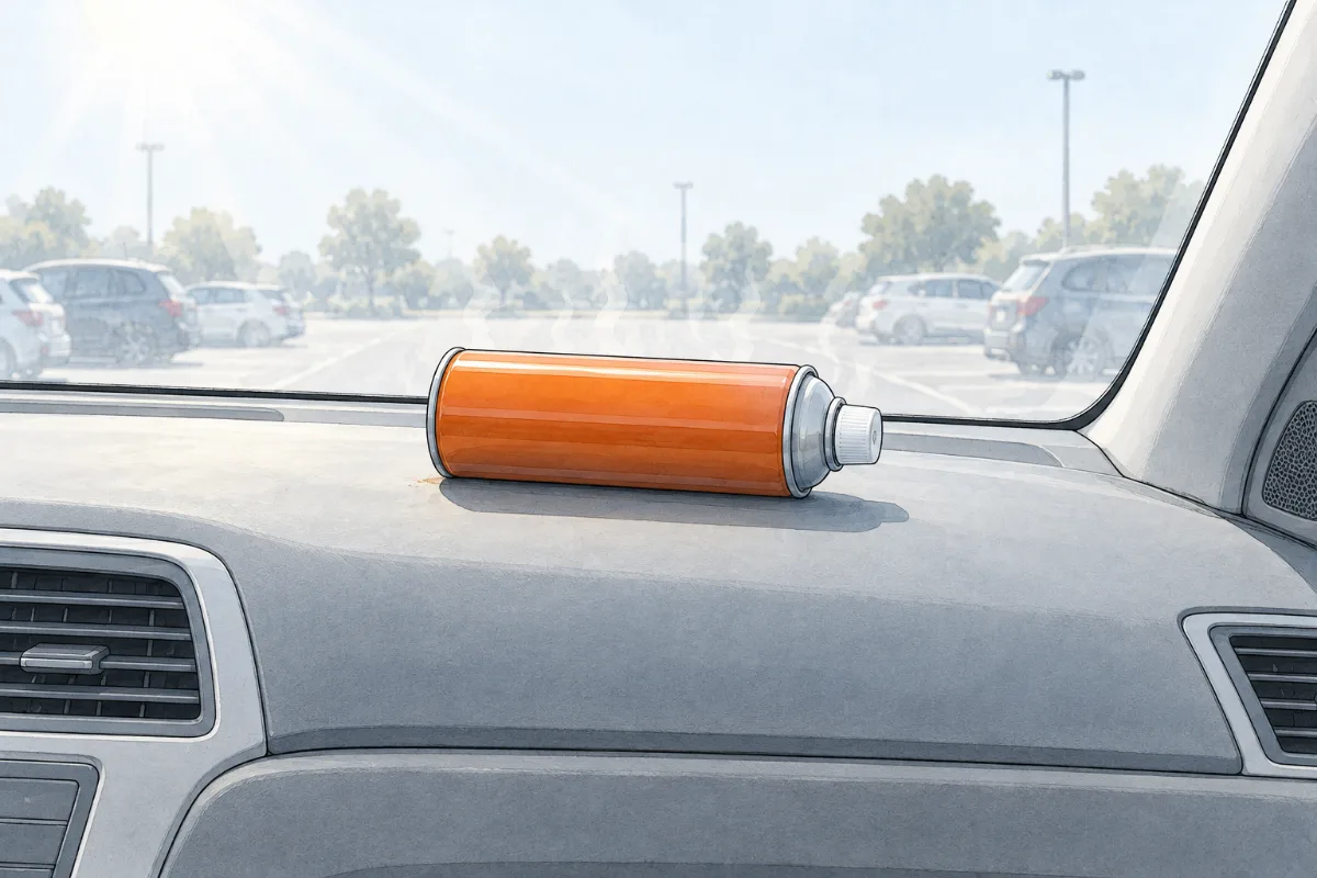 A plain aerosol spray can lying on the dashboard of a parked car, in strong sunshine under the windscreen.