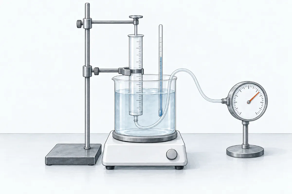 A glass gas syringe standing nozzle down in a beaker of water on a hotplate, held by a clamp, with a collar on the stand holding the plunger still. A thin tube runs from the nozzle to a dial pressure gauge, and a thermometer dips into the water.