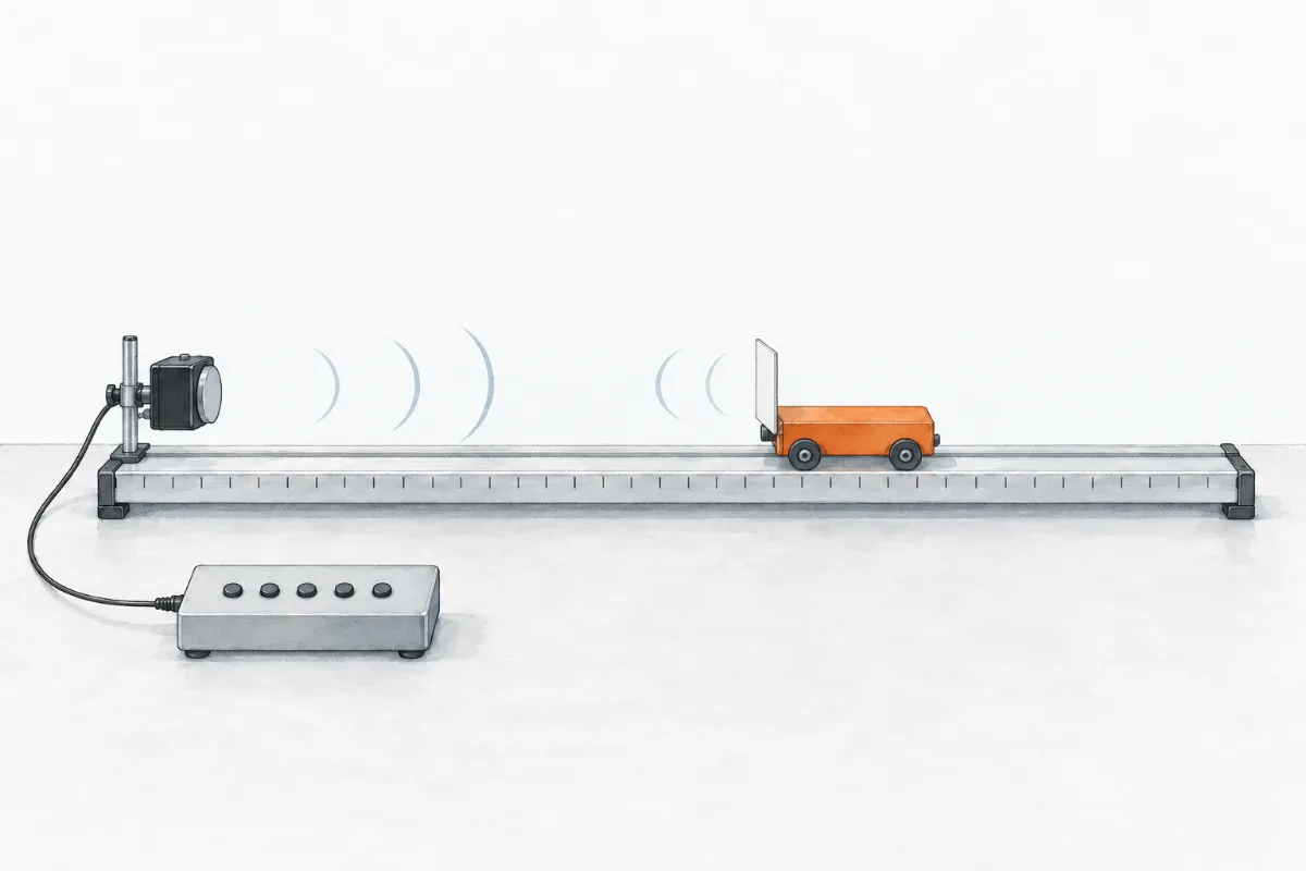 A motion sensor at the end of a long track sends pulses of ultrasound along the track to a card on the back of an orange trolley, and the echoes come back; a controller box lies on the bench in front.