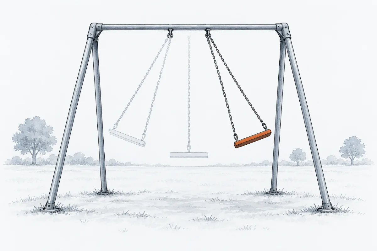 A playground swing caught mid-swing, with faint earlier positions showing its arc.