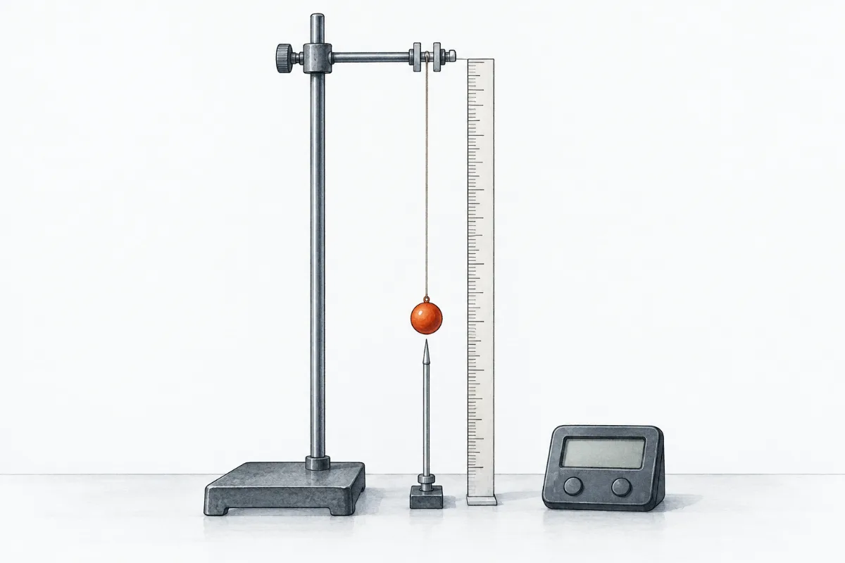 A pendulum on a tall clamp stand with a half-metre rule beside the string, a marker under the bob and a digital stop-clock.