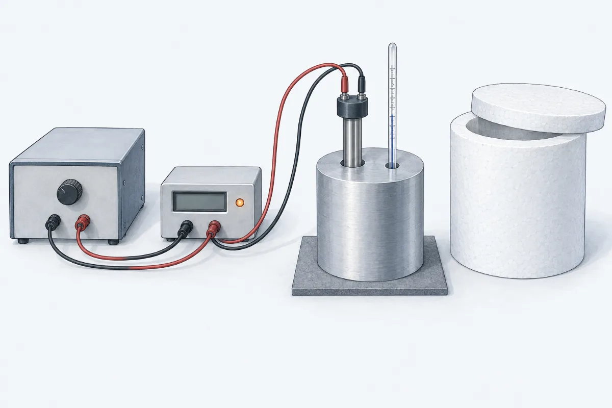 An aluminium block on a heat-proof mat with an immersion heater and a thermometer in two holes in its top. Leads run from the heater to a joulemeter and on to a power pack, and a white polystyrene jacket stands beside the block.