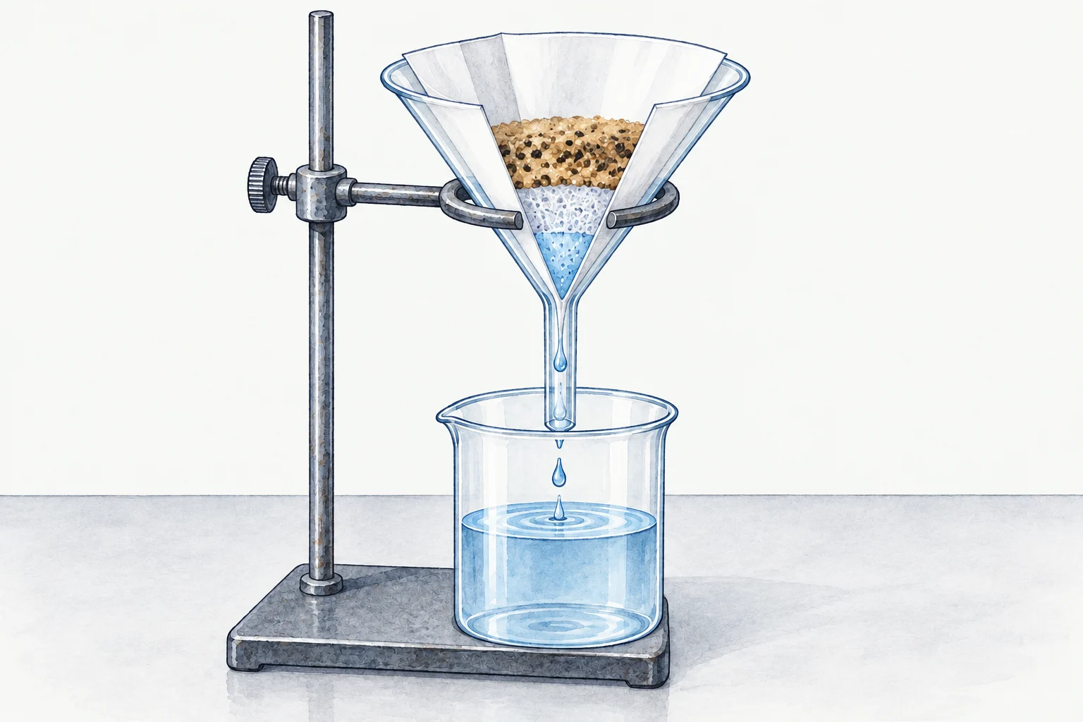 Filter paper holds back sand while salt solution collects in the beaker below.