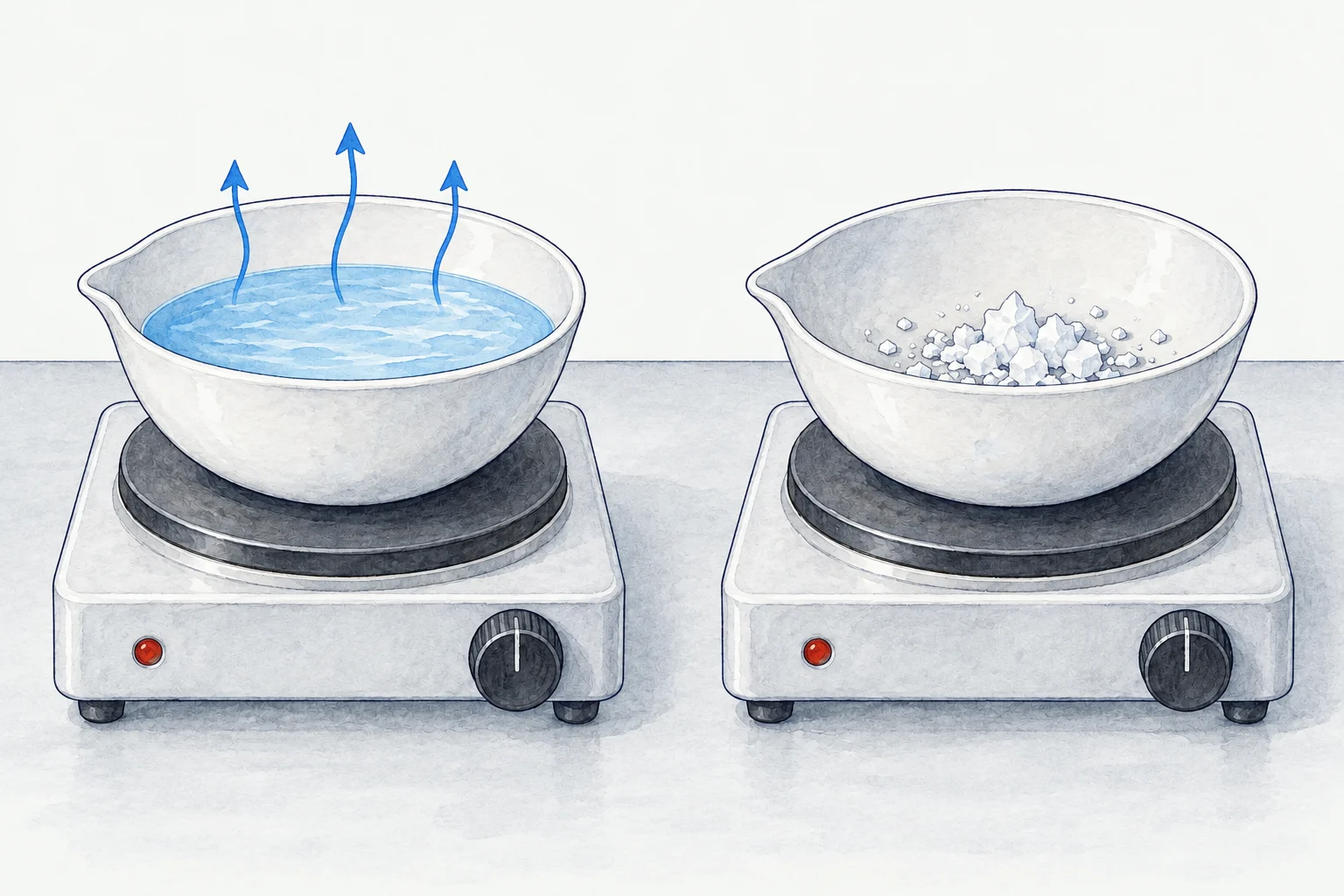 Salt remains after water is removed from the salt solution.