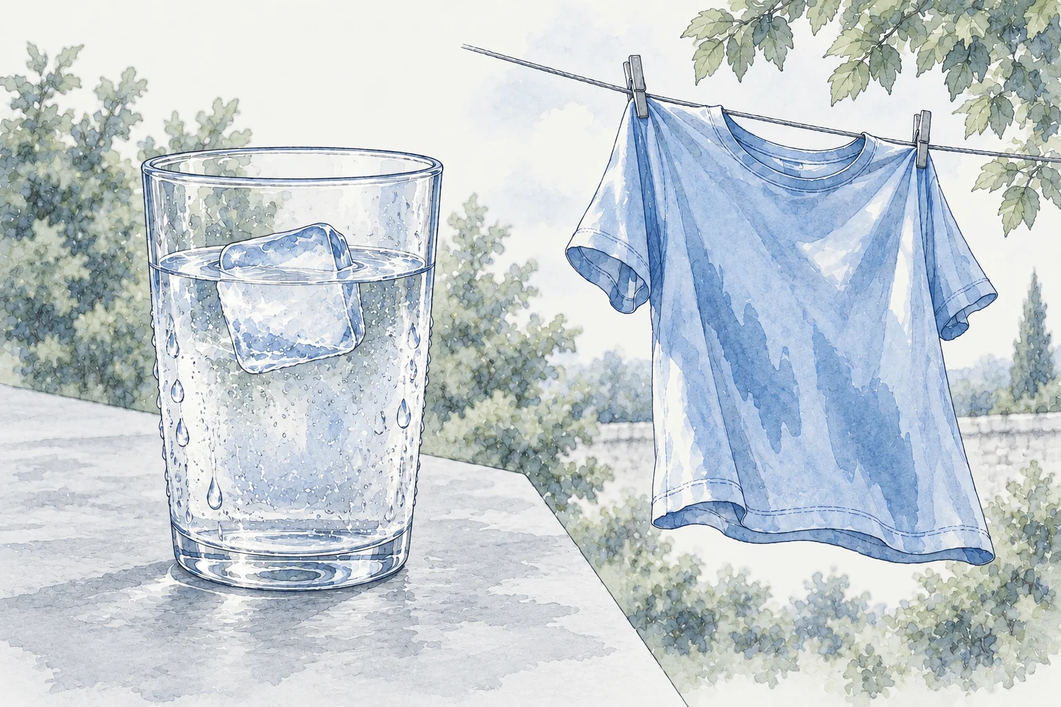 Ice melting in a glass of water beside a T-shirt drying in the sun.